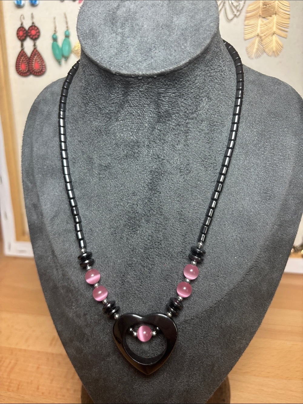Black Heart Pendant Necklace with Pink Beads - Women Jewelry